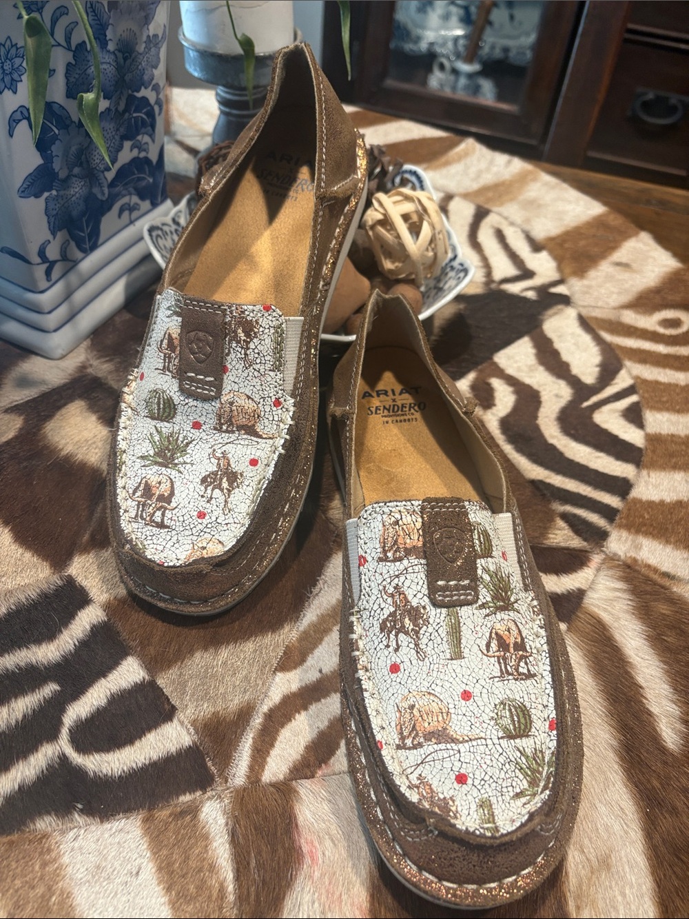 Ariat Brown & White Western Motif Slip-On Loafers
